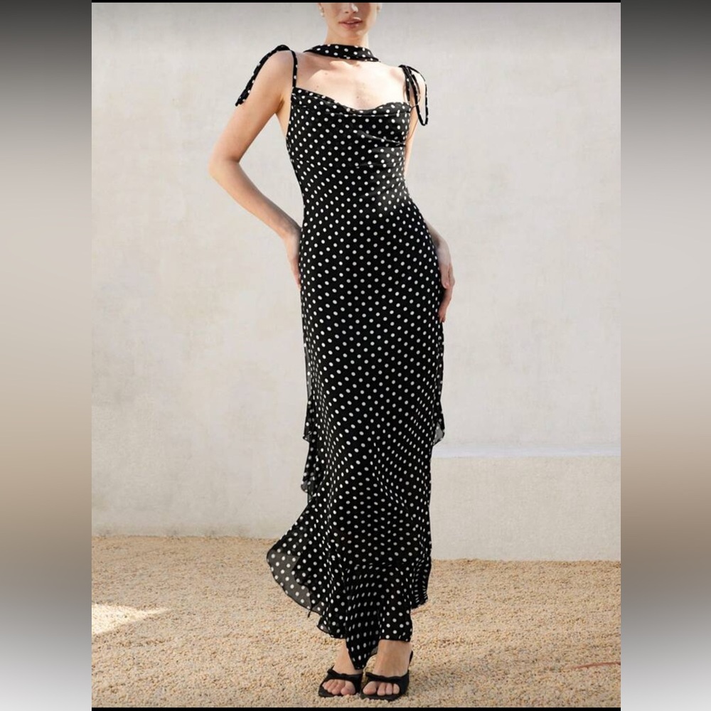 SHEIN Black Polka Dot Maxi Dress with Scarf Tie & Ruffled Hem — Size M
